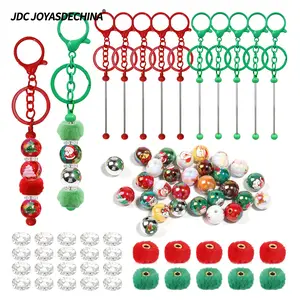 60pcs Christmas Beadable Keychain Set, Includes 10 Red & Green Blank Keychain Bars, 20 Acrylic Christmas Printed Round Beads, 10 Fluffy Pom Pom Beads, 20 Silver Spacer Beads, DIY Jewelry Accessories Holiday Gifts