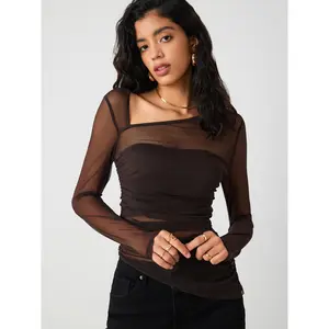 Cider [size 2-10] Mesh Asymmetrical Neck Long Sleeve Top