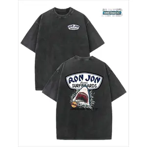 Shark Surfing Pattern Men's Summer Round Neck Short Sleeved T-Shirt, Unisex T-Shirt, Comfortable And Fashionable, Men's Clothing, 230G Washed Cotton High-Quality Double-Sided Printed Retro Washed Cotton T-Shirt, Suitable For Retro Street Style