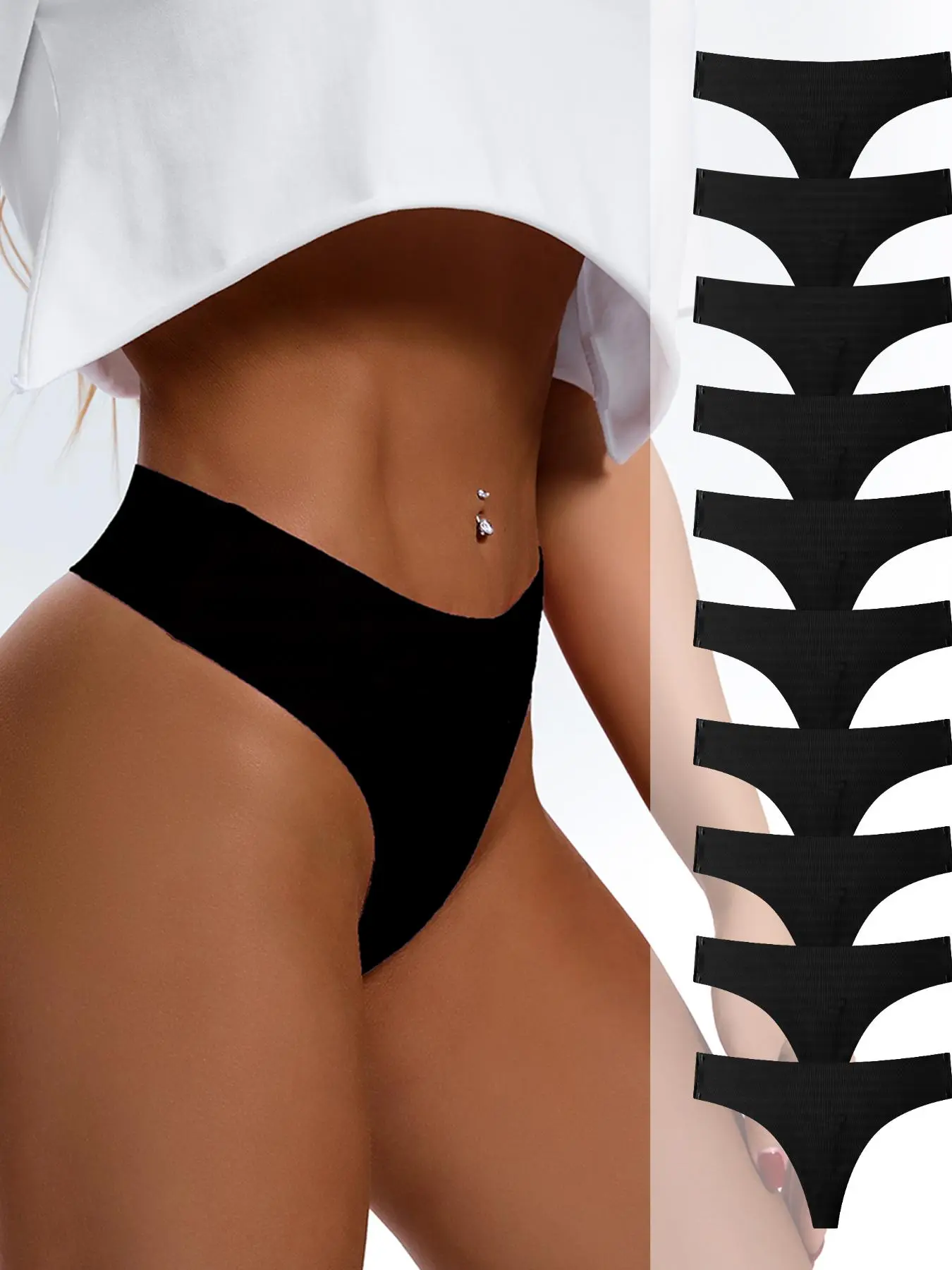 Women's Seamless Knit Thong Underwear, Plain Surface, Natural Waist, Fitted, All Seasons, Comfortable Daily Wear, 9/10/12 Pcs Pack, Panties