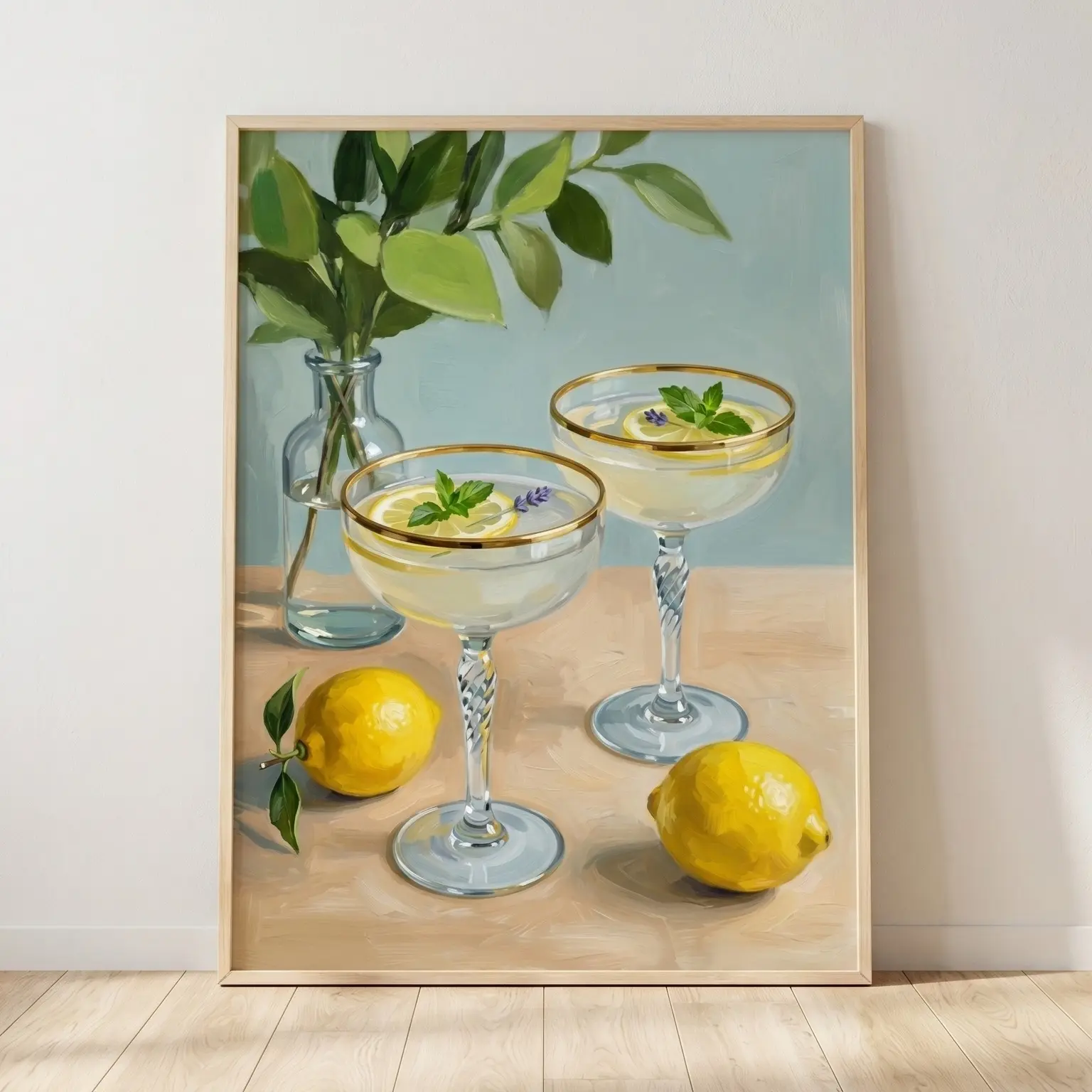Unframed Lemon Mint Cocktail Bar Cart Poster, Kitchen Still Life Wall Art Print, Refreshing Aesthetic Home Decor for Dining Room Kitchen Bar