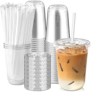 50 Pack 12/16 oz Plastic Cups with Lids and Straws, Clear Disposable Plastic Cups, Heavy Duty Iced Coffee Cups with Leak-Resistant Lids, Cold Drink Cups for Juice, Coffee and Milk Tea & Party To Go