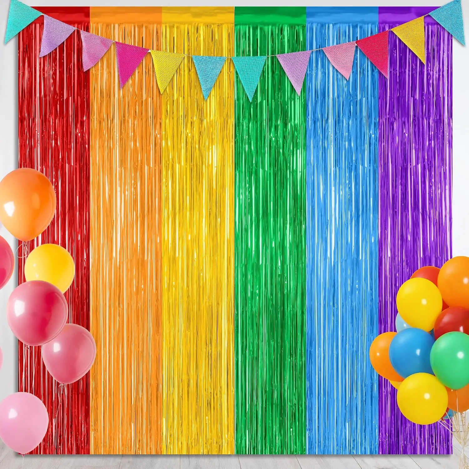 2 Pack Metallic Foil Tinsel Rainbow Backdrop Curtains (3.28 FT x 7.05 FT) - Festive Party Streamer Decor for Wedding, Birthday - Home & Kindergarten Back-to-School Supplies