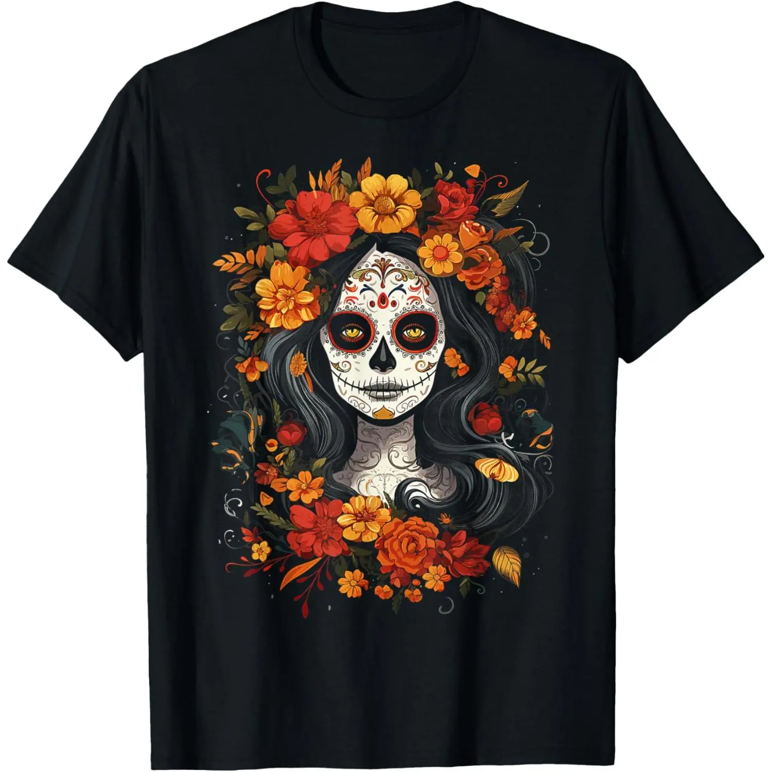 Cotton Short Sleeve  T-Shirt De Los Muertos La Catrina Day of the Dead Sugar Skull T-Shirt Classic Fabric