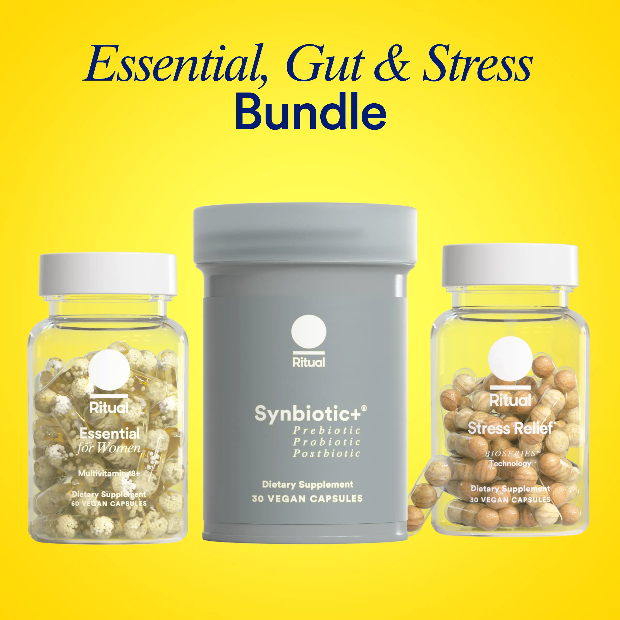 Ritual Essential, Gut & Stress Bundle | Synbiotic+ 3-in-1 Probiotic, Essential for Women's 18+ Multivitamin, and Stress Relief Supplement