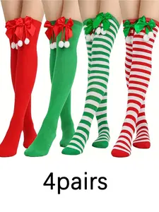 4 Pairs Fashion Stripes Over Knee Socks Fashion Bow Paired with Christmas Colors Casual Socks Suitable for Women's Winter Daily Party and Holiday Wear