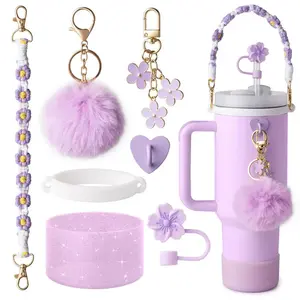 Drink Bottle Accessories Set - Stylish, Lightweight Silicone Boot, Cute Decor Charms, Straw Cover, Carry Strap for 30oz & 40oz Tumblers (No Cup Included)