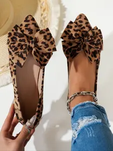 Women's Fashion Leopard Print Bowknot Design Casual Trendy Flat Shoes, Casual Comfortable Slip on Shoes for Daily Wear, Female All-match Pointed Toe Shoes for Daily Wear, Girl, Bowknot Design Flats