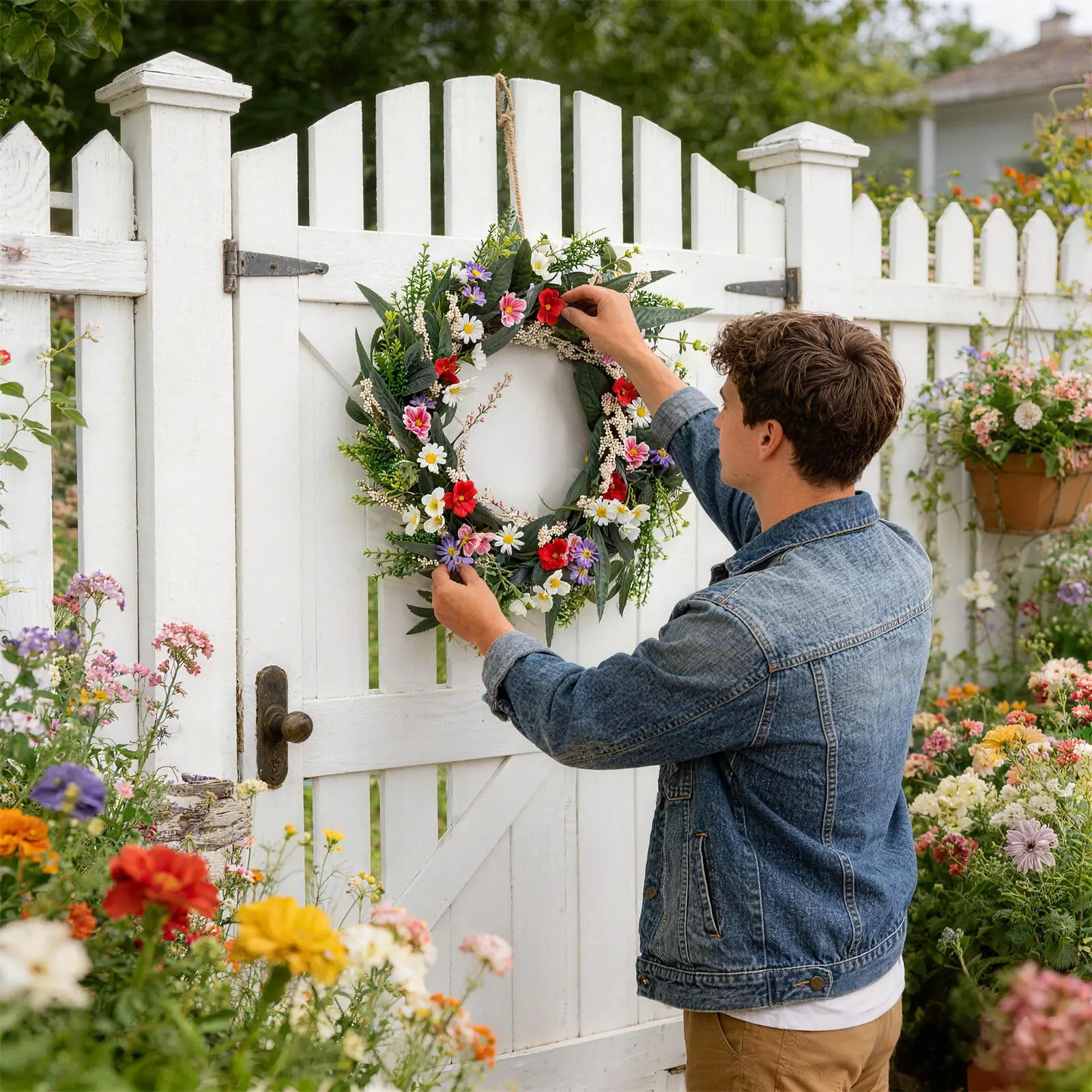 18" Summer Sunflower Wreath for Front Door, Artificial Spring Wreath with Buffalo Plaid Bow & Faux Greenery, Farmhouse Style Decor for Porch, Window & Wall