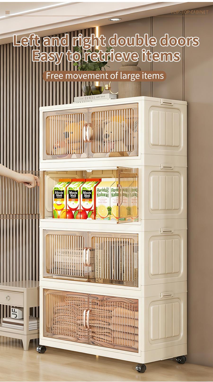 No Assembly Required Foldable Storage Cabinet with Wheels, Large Capacity Double Door Dustproof Closet Organizer for Bedroom, Small Apartment, Rental Home