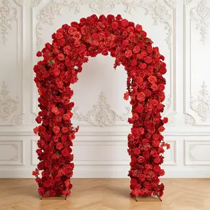 Flower Arch Backdrop Red 4ft x 8ft Artificial Silk Roses, Hydrangeas & Chrysanthemums Floral Arrangement for Round Top Double Arch Stand