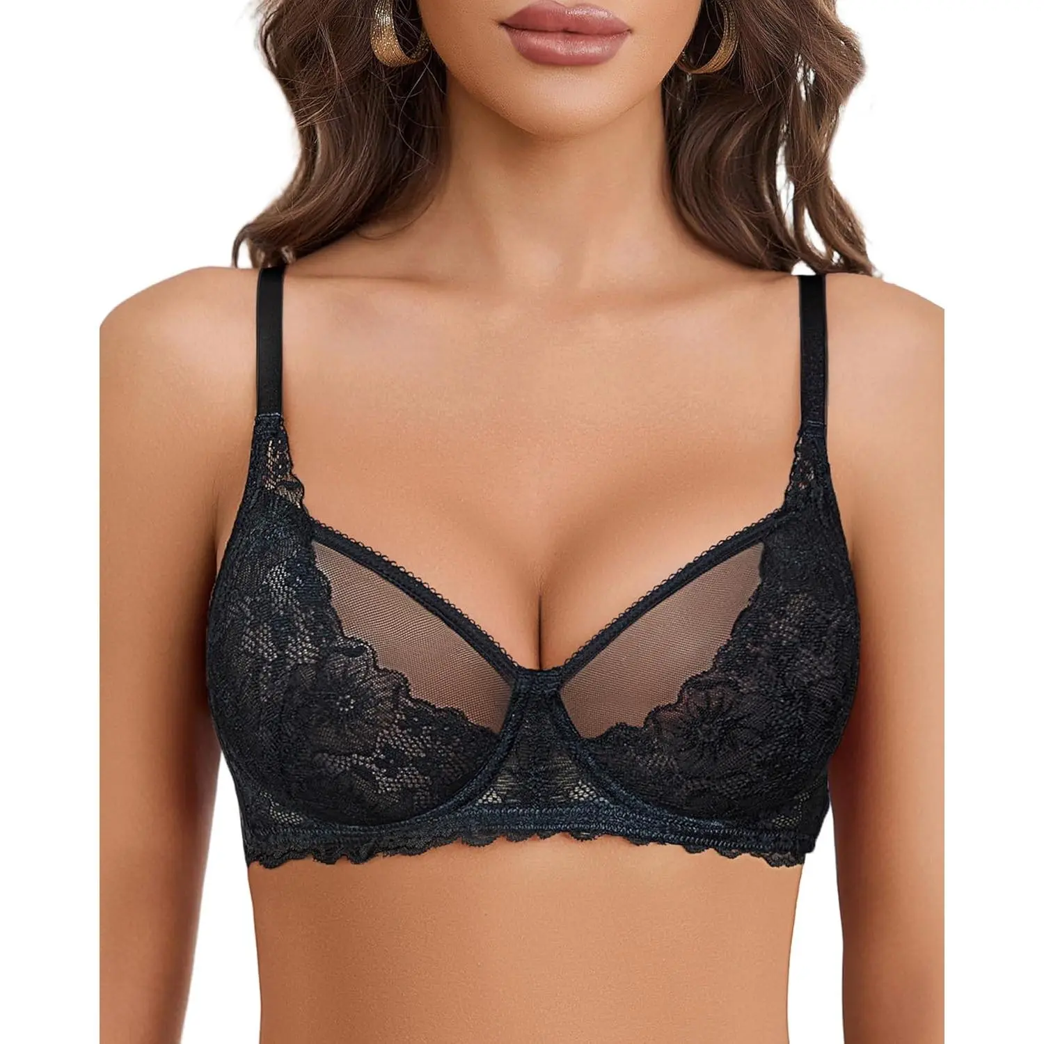 Women's Elegant Underwire Lace Bralette - Unlined Mesh, V-Neck, Full Coverage, Push Up, Soft Support, Everyday Use Lingerie, Valentine's Day Gift, Wired