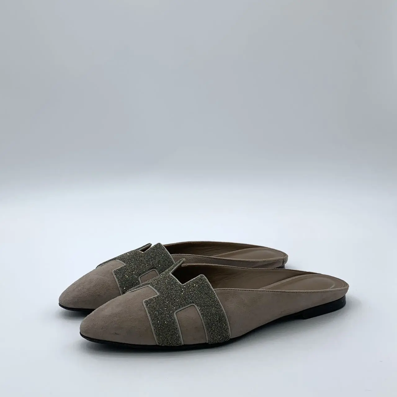 RDLT-Hermes Brown Suede H Embellished Mule Slides Size 37.5-H36727