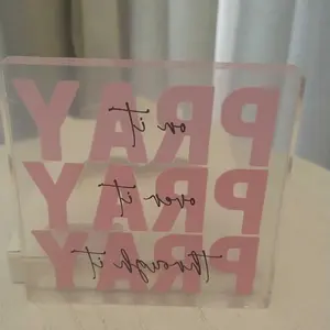 Inspirational Prayer Decor Gift for Women, Pink Bible Verse Desk Decor, Office Desk Accessory and Positive Christian Decor Sign for Mantel or Dorm Room with “Pray On It, Over It, Through It” Quote, Plaque Gift