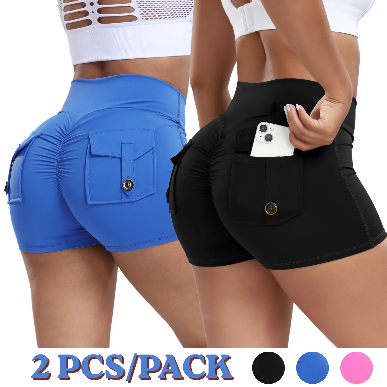 RIOJOY Women's 2-Pack Nylon Blend High Waisted Scrunch Butt Gym Shorts - V-Cross Waist, Cargo Pocket, Booty Lifting, Squat-Proof, 3" Inseam (Includes XL Size), Elastic Waist Shorts, Stretchy Shorts