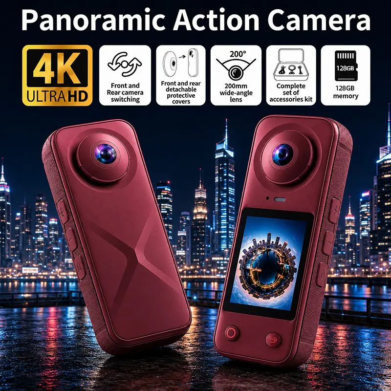 4K Panoramic Action Camera, 200° Ultra-Wide Angle, Pocket-Sized Vlog Camera， Front and Rear Switchable Lens, 2.0-Inch Screen, 1500mAh Battery, Includes 128GB TF Card And Full Accessory Set