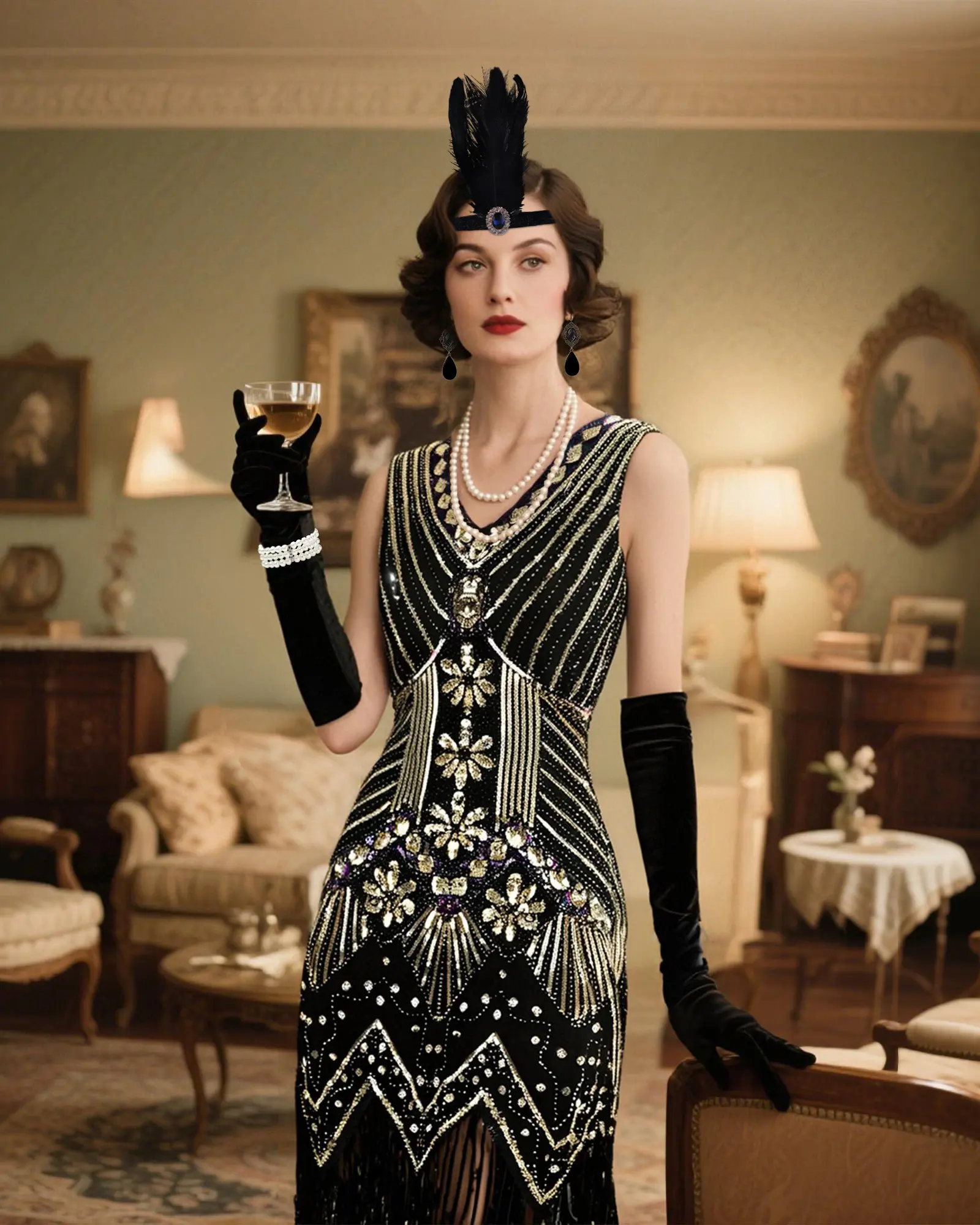 Women's Chic Elegant Roaring 20s Flapper Costume Set - Vintage V-Neck Sequin Fringe Lady Clothes for Gatsby Party, Includes 7 Accessories & Fishnets