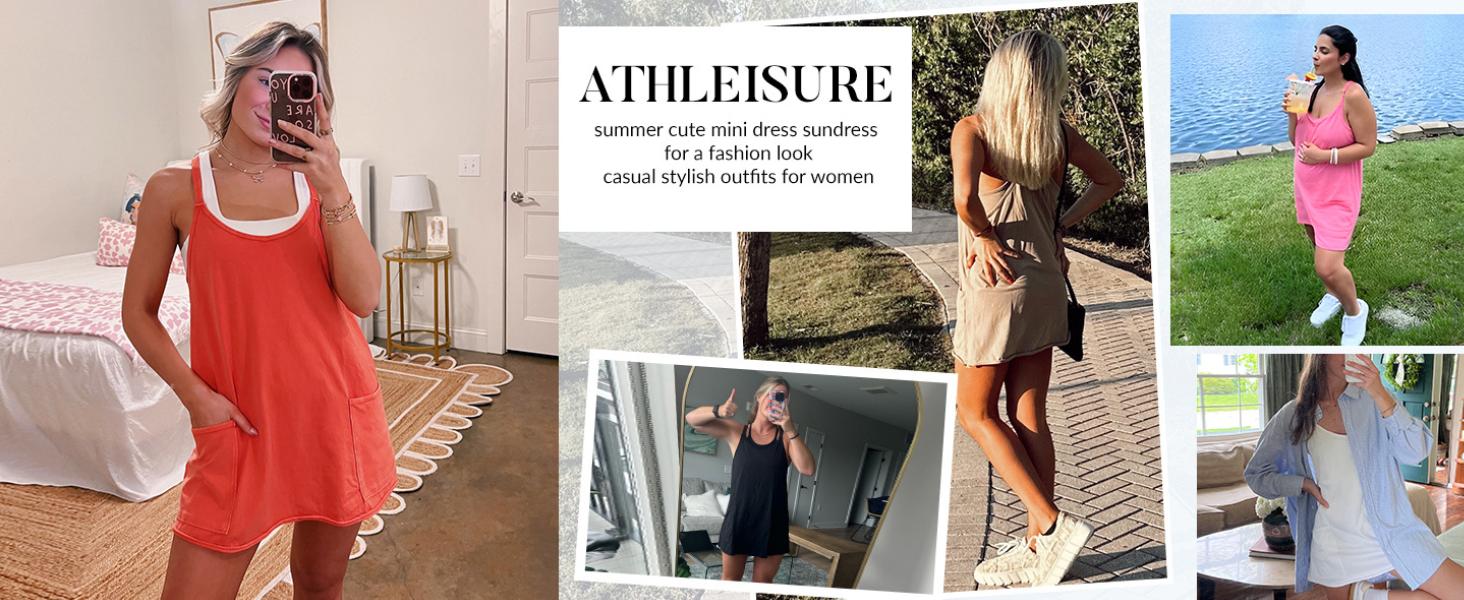 SCUSTY Women's Summer Sleeveless  Mini Dress with Built-in Shorts V Neck Spaghetti Straps Athletic Shorts Tennis Dress with Pockets