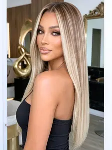 613 Blonde Ombre Brown Highlight Lace Front Wig 28" Straight Heat Resistant Synthetic Hair 13x4 HD Lace Dark Roots Pre-Plucked Hairline Free Part for Daily & Party Wear Lace Straight Wigs