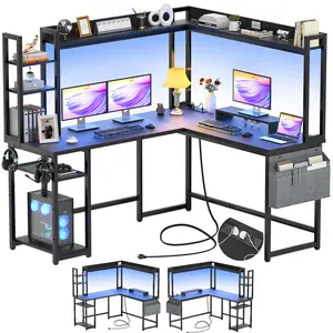 iSunirm L Shaped Desk with Power Outlet, L Shaped Gaming Desk with Led Light & Hutch, Reversible Home Office Desk, Corner Computer Desk Writing Desk with Monitor Stand & Storage Shelves