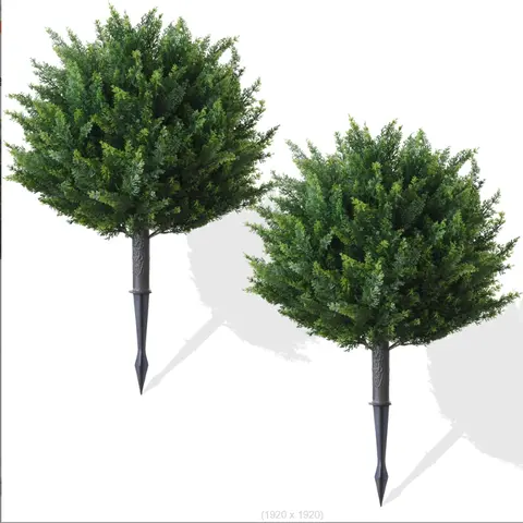 Artificial Cedar Topiary Ball Trees, 2 Set of 26 inch UV Resistant Fake Evergreen Shrubs Bushes Plants with Ground Spike Fake Plants for Outdoor Indoor Front Porch Garden housewarming gift Decor Decorative