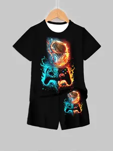 Cool Colorful Game Controller Tee and Shorts Set for Boys, Summer Casual with Asymmetrical Design, Fitted Short Sleeve Apparel, Husky Boy Clothes