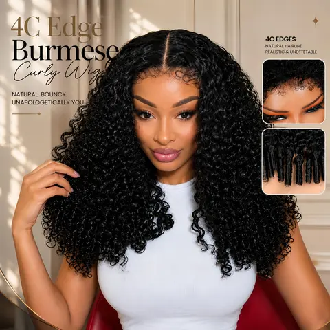 [Realistic Newborn Hairline]4C Edges Burmese Curly Wig 250% Density 13x6 Lace Front Wigs Human Hair Transparent HD Lace Frontal Wig Pre Plucked Pre Bleached Knots 4C Edges Realistic Hairline Burmese Curly Wig For Black Women