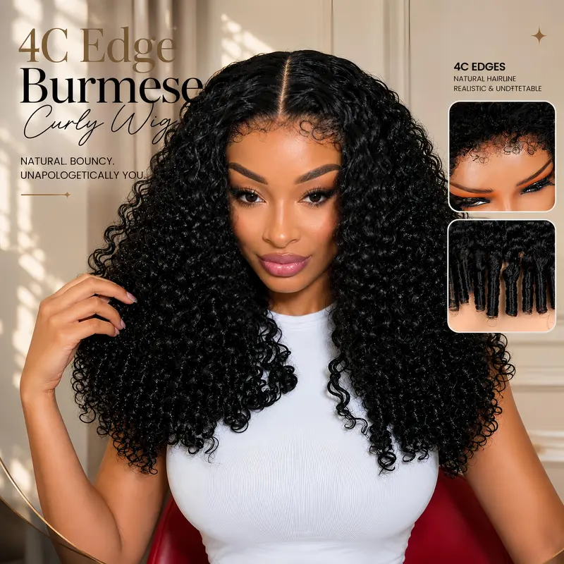 [Realistic Newborn Hairline]4C Edges Burmese Curly Wig 250% Density 13x6 Lace Front Wigs Human Hair Transparent HD Lace Frontal Wig Pre Plucked Pre Bleached Knots 4C Edges Realistic Hairline Burmese Curly Wig For Black Women