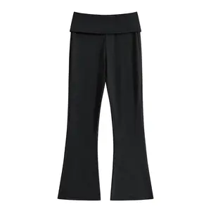 Women’s flared pants, casual rolled wide waistband long pants, slim fit stretchy casual flared pants