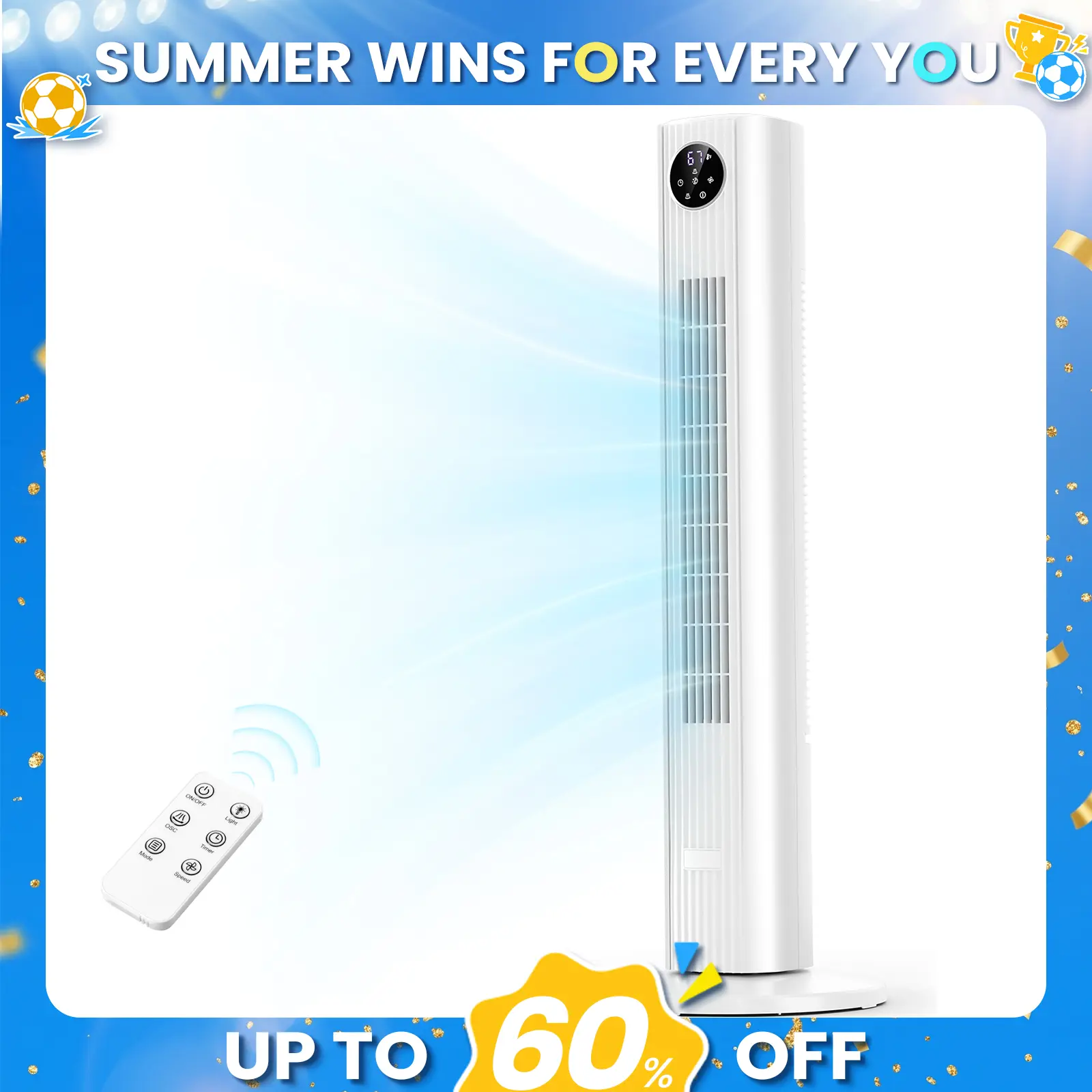 Antarctic Star Tower Fan Portable Electric 85° Oscillating Fan with Remote Control, Quiet Operation, 3 Speed Settings & 12H Timer, Bladeless Standing Floor Fan for Bedroom & Office summerwins