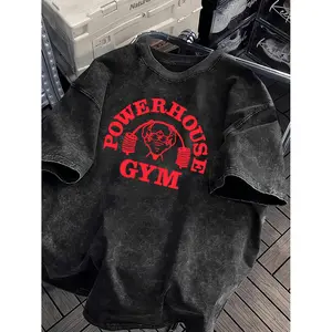 Men'S Heavyweight T-Shirt - 100% Vintage Washed Gym |   Loose Fit, Wide Shoulder Sleeves, Gorilla World Gym & Powerhouse Gym Graphic Print