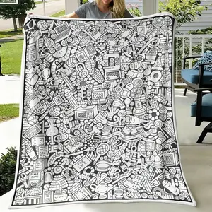 Black White Doodle Coloring Book Style Blanket, Soft Flannel Throw Blanket with Fun Cartoon Objects Pattern, Cozy Gift for Kids Boys Girls Teens and Art Lovers, Creative Blanket for Bed Couch Sofa Bedroom Dorm, Lightweight Warm Blanket