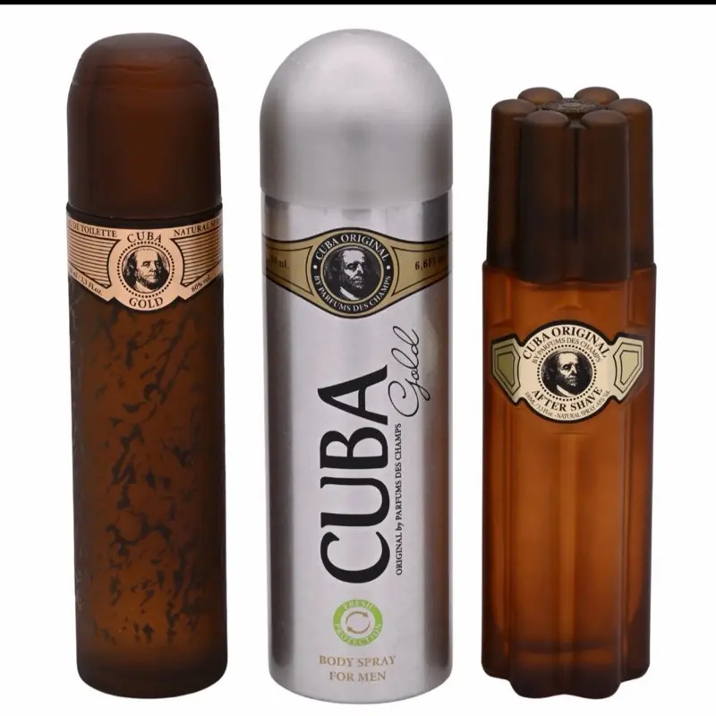 Cuba Gold Gift Set for Men includes a 3.3 oz Eau de Toilette, 3.3 oz After Shave, and 6.7 oz Body Deodorant Spray. A warm, masculine fragrance with notes of bergamot, lavender, jasmine, and woody accords, making it an excellent choice for evening and spec