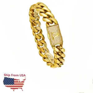 Initial Letter A-Z Cuban Link 14MM Bracelet 18K Gold Plated gold Stainless Steel Miami Thick Buckle Bracelet Hip Hop Jewelry 7.5in 8.5in