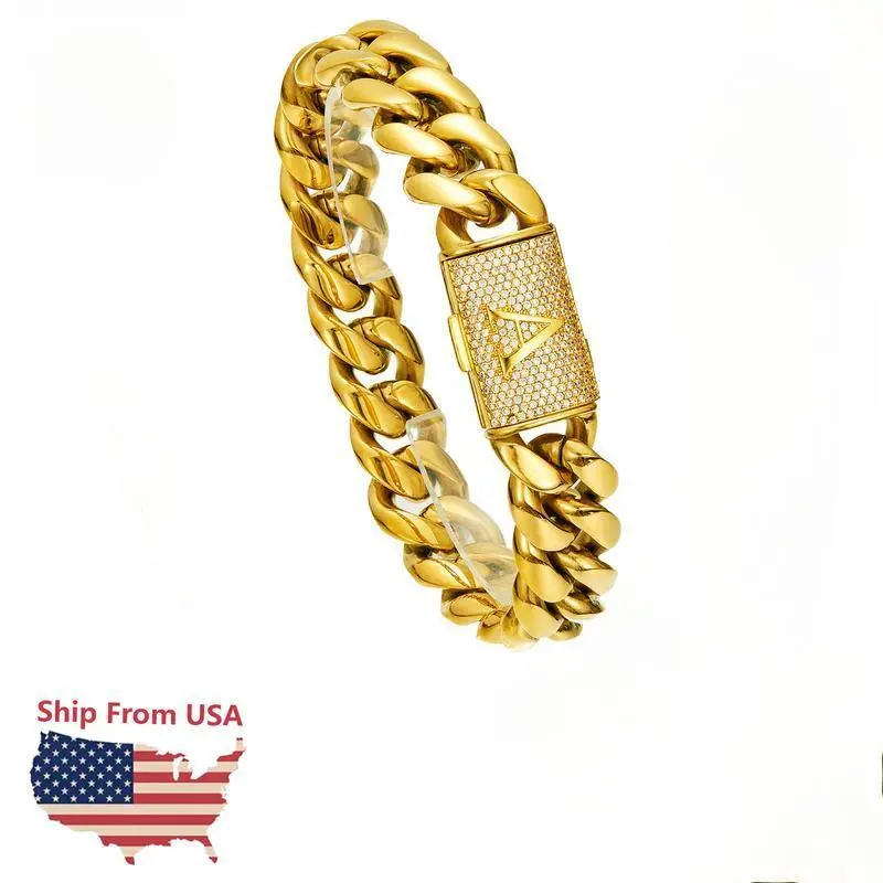 Initial Letter A-Z Cuban Link 14MM Bracelet 18K Gold Plated gold Stainless Steel Miami Thick Buckle Bracelet Hip Hop Jewelry 7.5in 8.5in