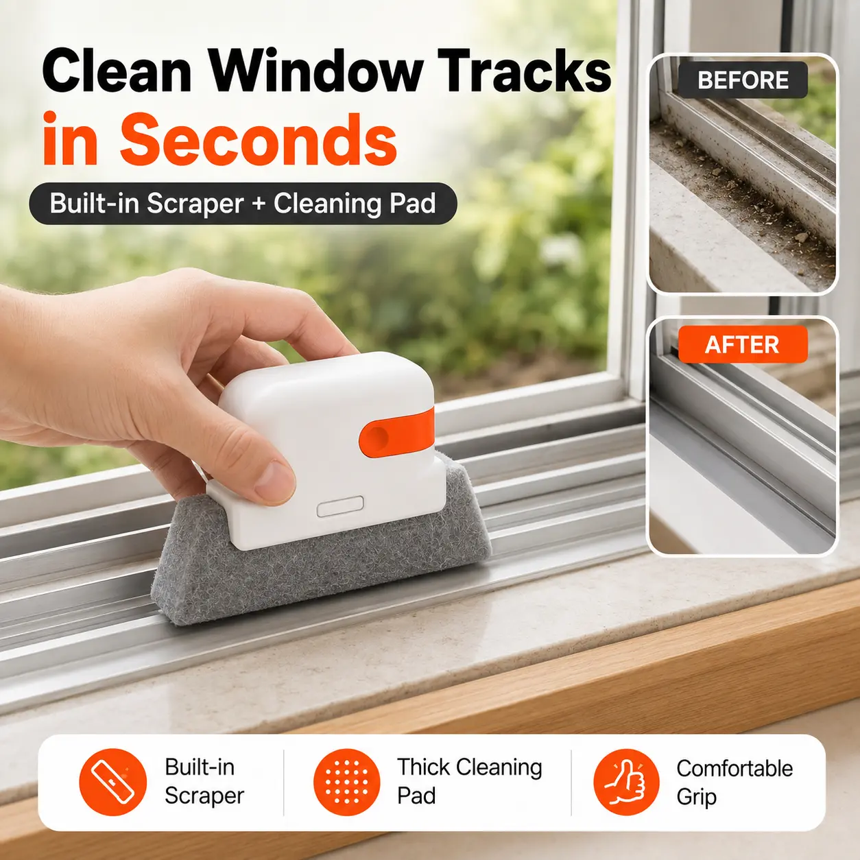 Window Track Cleaner Kit - 2-in-1 Tool with Built-in Scraper, Deep Gap Brush, 2 Replacement Pads for Sliding Doors, Home Cleaning