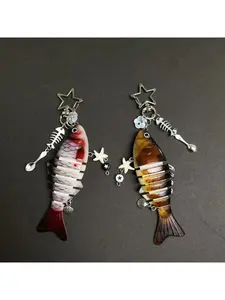 Five-pointed star fish bone retro bionic fish keychain, ocean fish multi-section fish bag accessory pendant, Charms