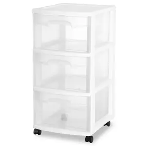 Plastic Storage Drawer Cart, Medium Home Organization Storage Container with 3 Large Clear Drawers and Wheels (WHITE)