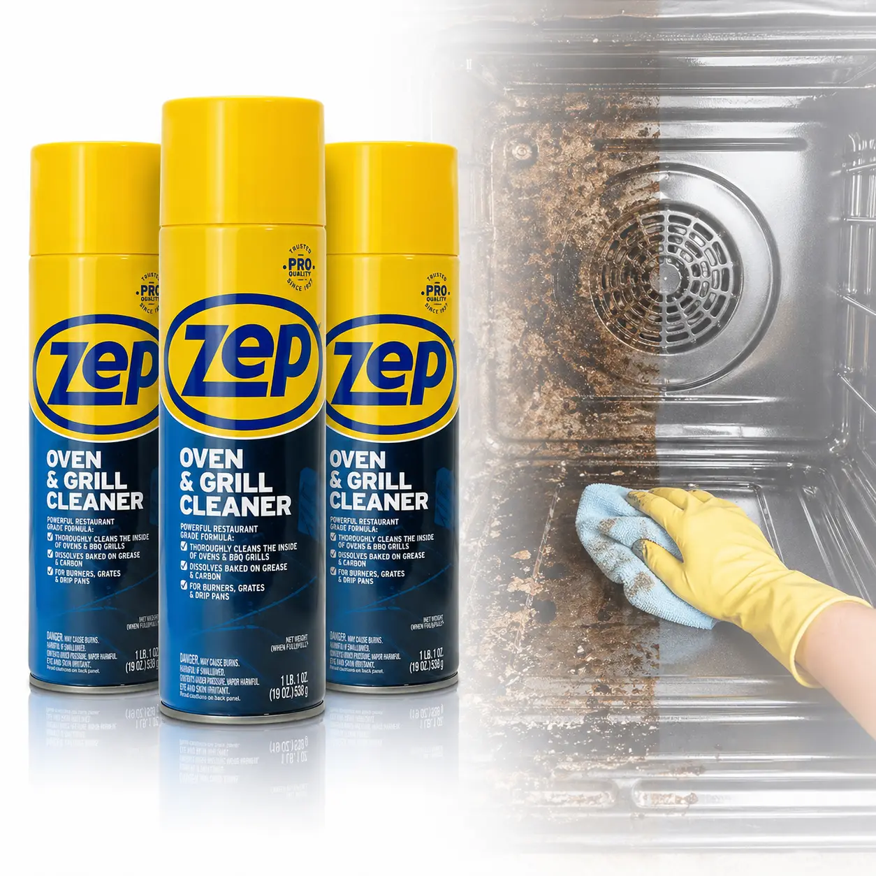 ZEP 19 oz Heavy-Duty Oven and Grill Cleaner,oven cleaner spray,grill cleaner foam,heavy duty degreaser,foam clings to vertical surfaces,dissolves baked-on buildup,reduces heavy scrubbing,pots and pans cleaner,porcelain safe,steel safe,bbq use