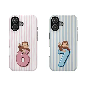 Matching Curious George Number 6 & 7 Phone Cases for Best Friends |   Striped Vintage Cartoon Book Cover |   iPhone Samsung Retro PBS Kids Gift |   Cover for IPhone 17 16 15 14 13 12 Max Pro Samsung galaxy 22 23 24 25 26