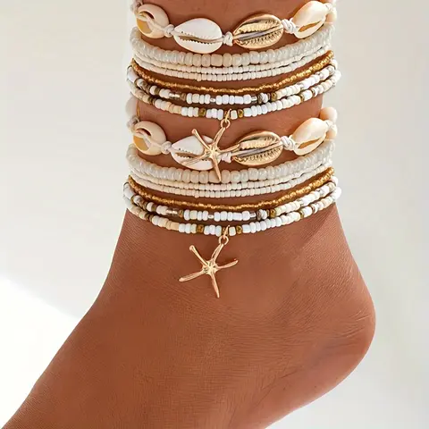 14Pcs Women Charm Beaded Anklet Set - Elegant Boho Chic Beaded Anklet Golden Accents, Starfish & Shell Charms, Multi-Layer Beach-Inspired Foot Jewelry - Versatile Daily Wear, Parties & Vacations