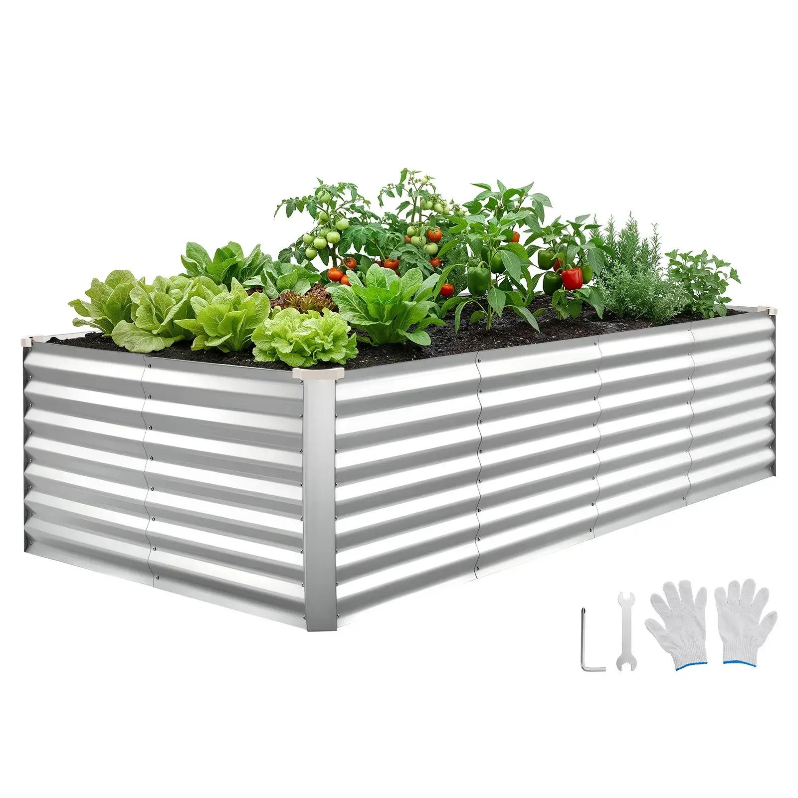 【Summerfinds】VEVOR Rectangular Metal Galvanized Alu-Zinc Rustproof Bottomless Raised Garden Bed Kit - Outdoor Planting Boxes with Bottomless Drain, Extra-Large Growing Space, Gloves for Container Gardening Flowers, Vegetables