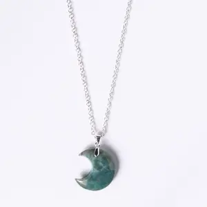 Crescent Moon Gemstone Pendant Necklace - Moss Agate