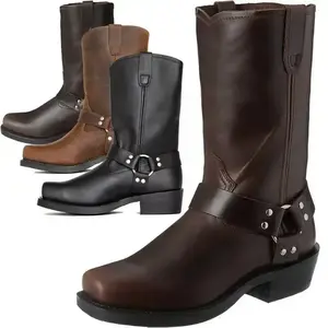 Men'S Calf Boots Square Toe Tube Surface Sewing Metal Ring Elements Thick Heel Western Cowboy Style Outdoor Wear Mid-Calf Boots Men'S Boots Suitable for All Seasons Walking Shoes Footwear Closed Comfort Bota Women Decor Orthotic