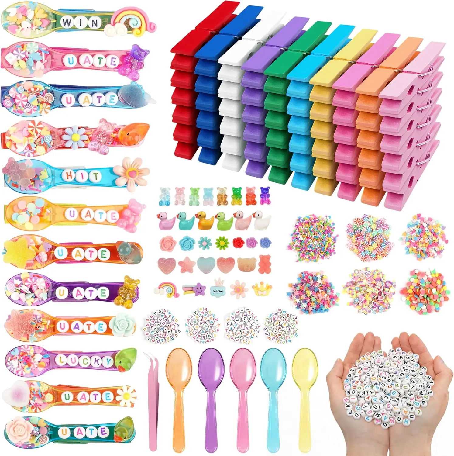 Halloween Fall Gift  50 Pack DIY Wooden Cheer Pin Craft Kit, Bright Color | Includes Clothes Pins, U ATE Letter Beads, Spoons & Charms, Ideal for Volleyball & Sports Team Spirit Gifts