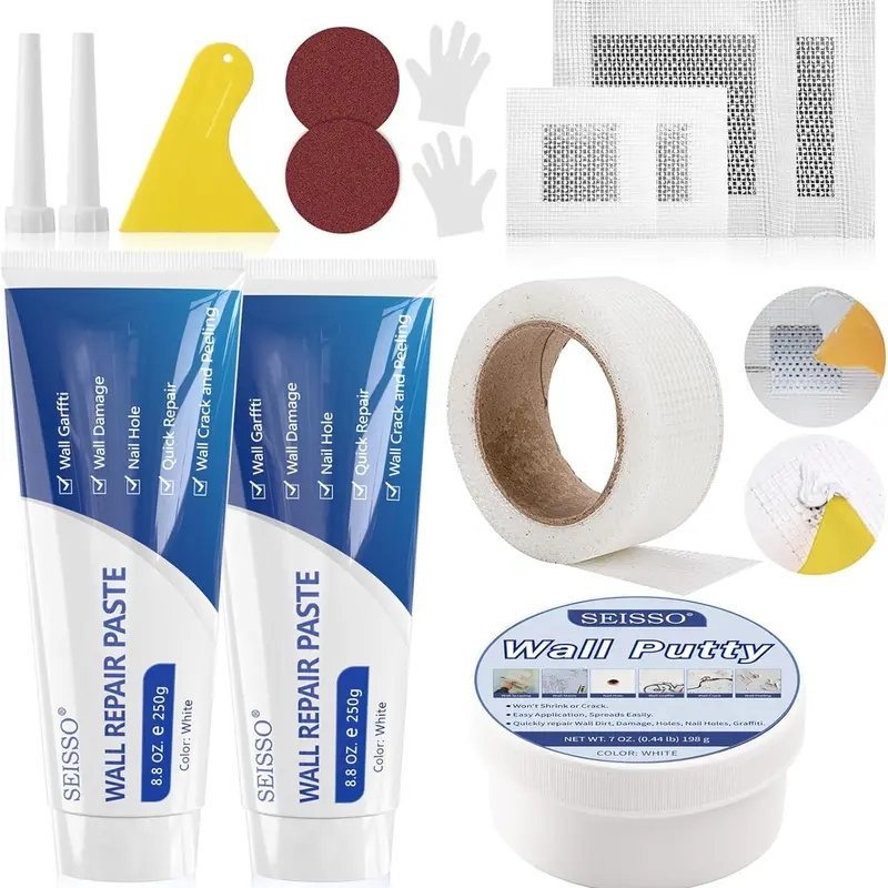 SEISSO Drywall Repair Kit, White- Wall Mending Agent 250 g* 2, Wall Repair Paste Plaster, 1 Pack Wall Putty, Repair Tape and Wall Repair Patch with 2inch 4inch, Quick Fill Crack and Nail Hole