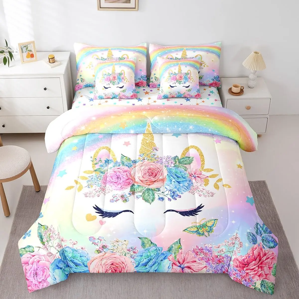 Feelyou 7-Piece 3D Unicorn Microfibre Soft Warm Bedding Set - Multi-Size (Incl. King) Bed-in-a-Bag with Fluffy Comforter, Gentle Soft Blanket, Floral Printed Sheets, Flower Rainbow Design for Girls' Room Decor, Machine Washable