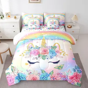 Unicorn Comforter Set with Sheets,Bedroom Decorations Teens,3D Colorful Unicorn Rainbow 7 Piece Bedding Set,Ultra Soft Fluffy Flower Bed in a Bag