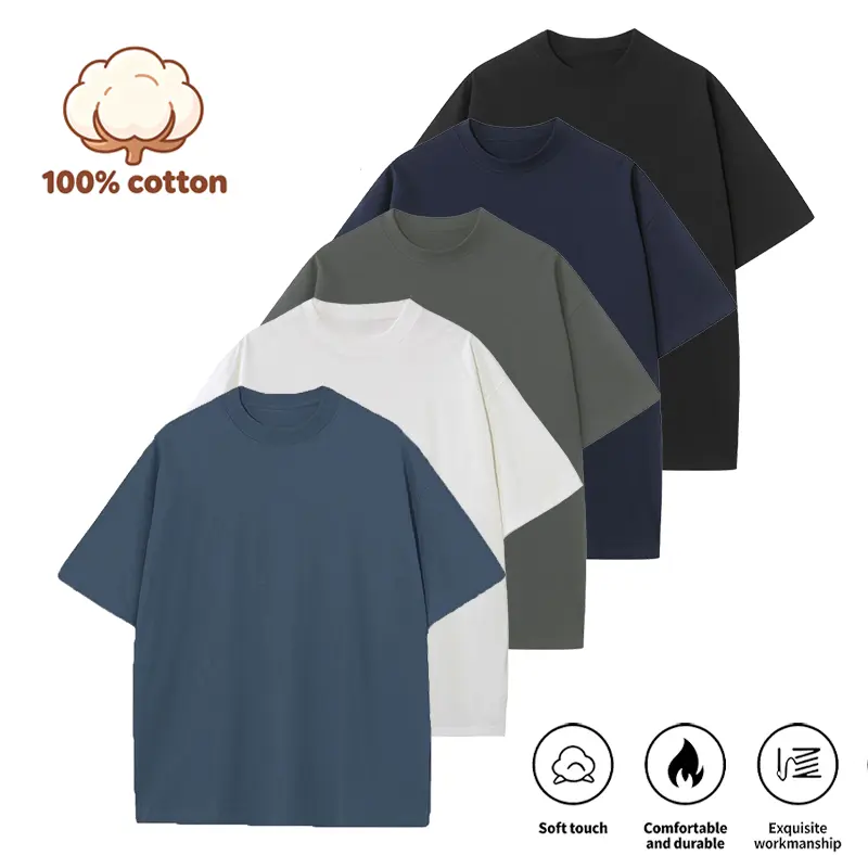 5 Pack Men's 230GSM Heavyweight 100% Cotton T-Shirts, Unisex  Solid Color Crew Neck Basic Tees, Soft Fade Proof Durable Casual Tops for Everyday Menswear，Streetwear & Loungewear