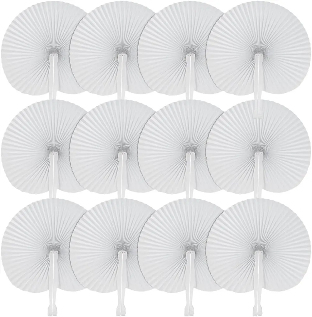 36 Pack Folding Paper Fans Round Shape Handheld Fans Plastic Handle Wedding Party Favors White